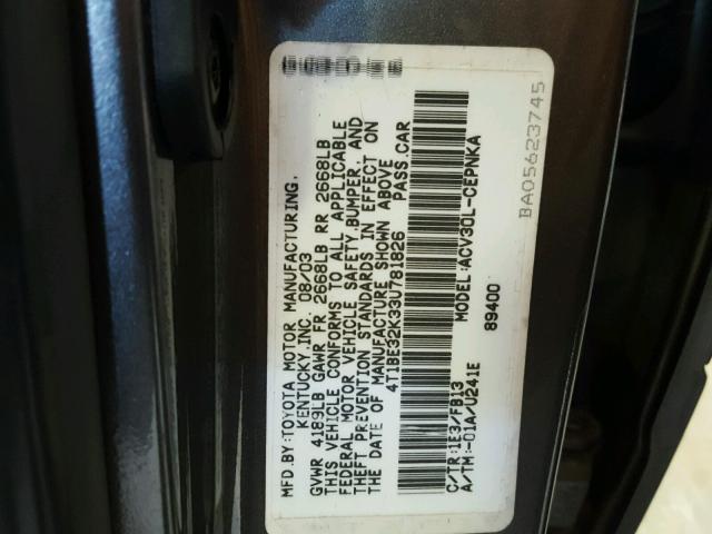 4T1BE32K33U781826 - 2003 TOYOTA CAMRY LE GRAY photo 10