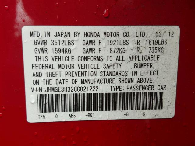 JHMGE8H32CC021222 - 2012 HONDA FIT RED photo 10