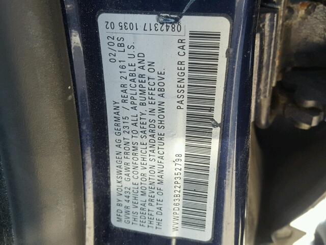 WVWPD63B22P352798 - 2002 VOLKSWAGEN PASSAT GLS BLUE photo 10