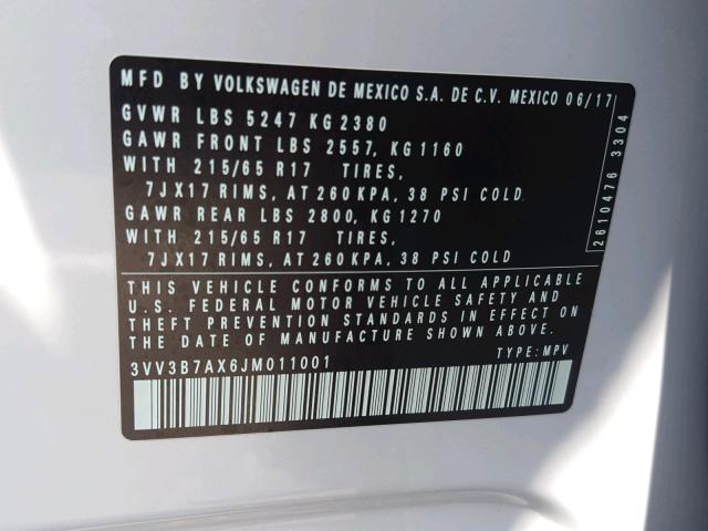 3VV3B7AX6JM011001 - 2018 VOLKSWAGEN TIGUAN SE WHITE photo 10