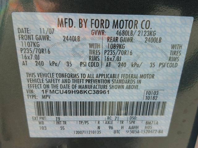 1FMCU49H98KC38961 - 2008 FORD ESCAPE HEV GRAY photo 10