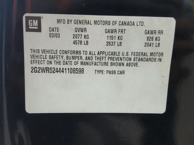 2G2WR524441108598 - 2004 PONTIAC GRAND PRIX BLACK photo 10