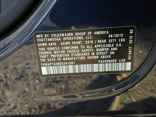 1VWAP7A38DC041091 - 2013 VOLKSWAGEN PASSAT S أزرق صورة 10