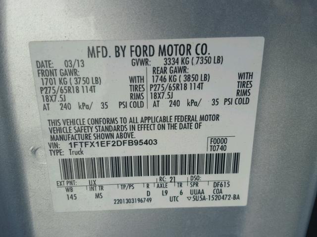 1FTFX1EF2DFB95403 - 2013 FORD F150 SUPER SILVER photo 10