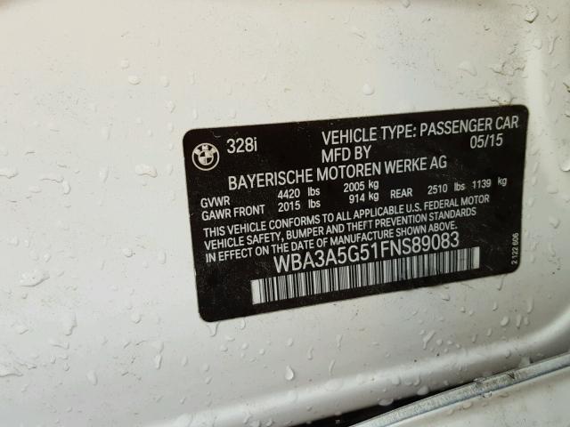 WBA3A5G51FNS89083 - 2015 BMW 328 I WHITE photo 10