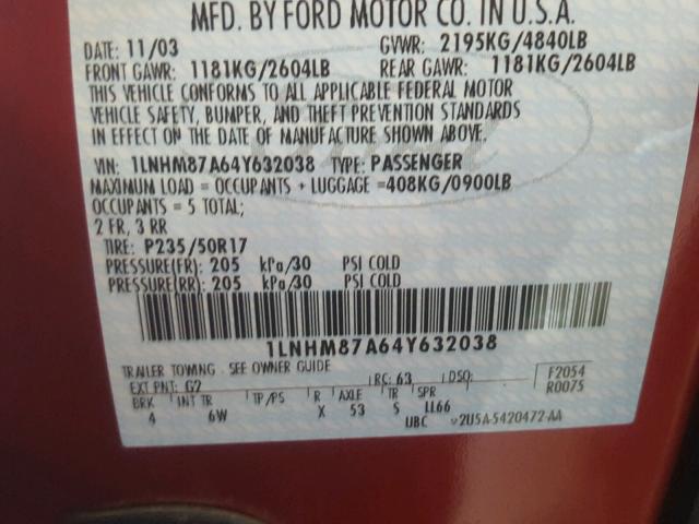 1LNHM87A64Y632038 - 2004 LINCOLN LS 红色 照片 10