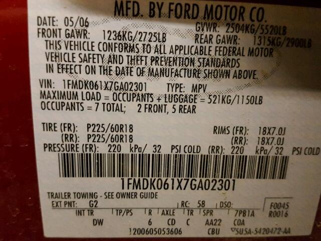 1FMDK061X7GA02301 - 2007 FORD FREESTYLE RED photo 10