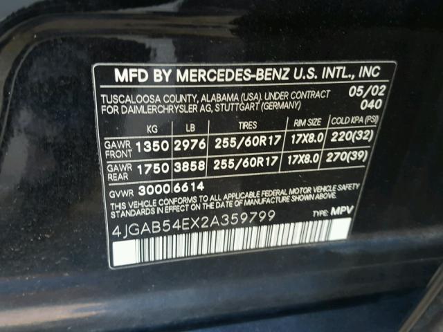 4JGAB54EX2A359799 - 2002 MERCEDES-BENZ ML 320 BLACK photo 10