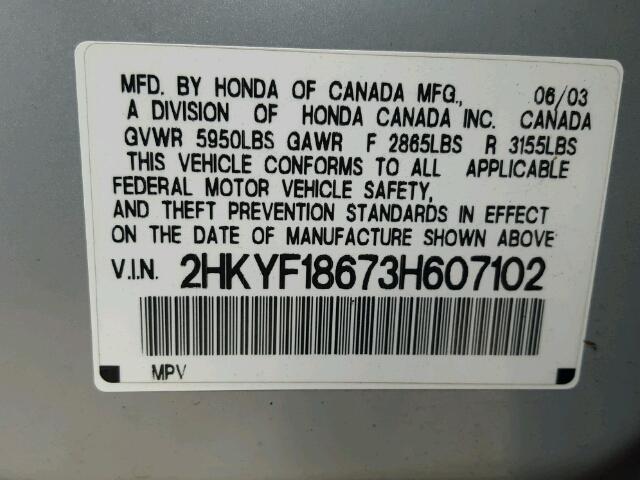 2HKYF18673H607102 - 2003 HONDA PILOT EXL SILVER photo 10