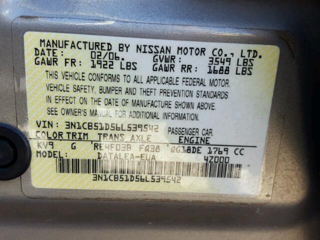 3N1CB51D56L539542 - 2006 NISSAN SENTRA 1.8 BEIGE photo 10