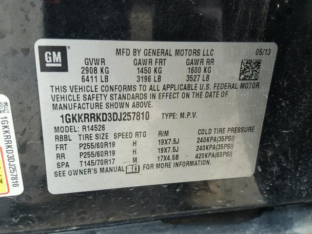 1GKKRRKD3DJ257810 - 2013 GMC ACADIA SLT შავი ფოტო 10