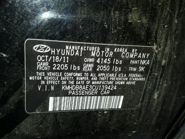 KMHDB8AE3CU139424 - 2012 HYUNDAI ELANTRA TO BLACK photo 10