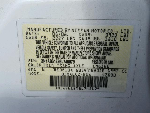 3N1AB61E98L745679 - 2008 NISSAN SENTRA 2.0 WHITE photo 10