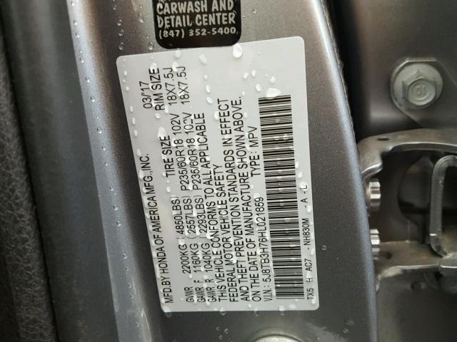 5J8TB3H76HL021859 - 2017 ACURA RDX ADVANC SILVER photo 10