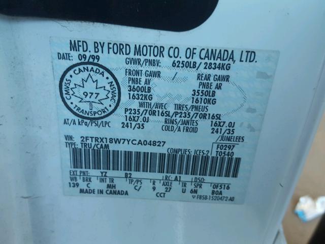 2FTRX18W7YCA04827 - 2000 FORD F150 WHITE photo 10