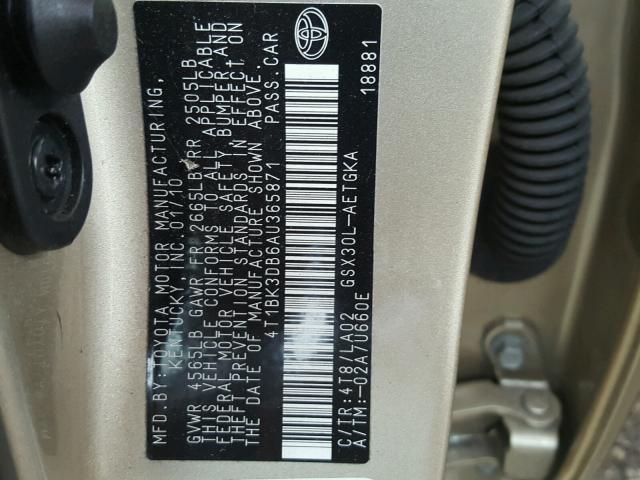 4T1BK3DB6AU365871 - 2010 TOYOTA AVALON XL Алтын фото 10