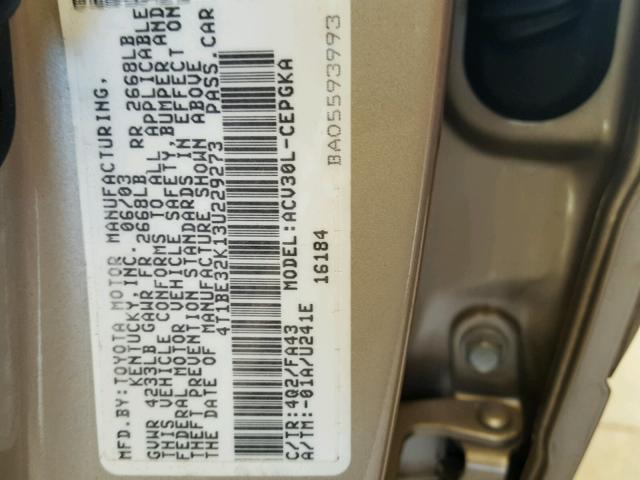 4T1BE32K13U229273 - 2003 TOYOTA CAMRY LE TAN photo 10