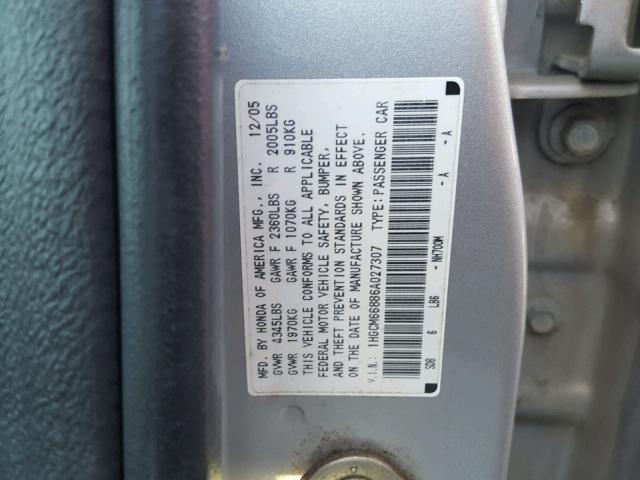 1HGCM66886A027307 - 2006 HONDA ACCORD EX SILVER photo 10