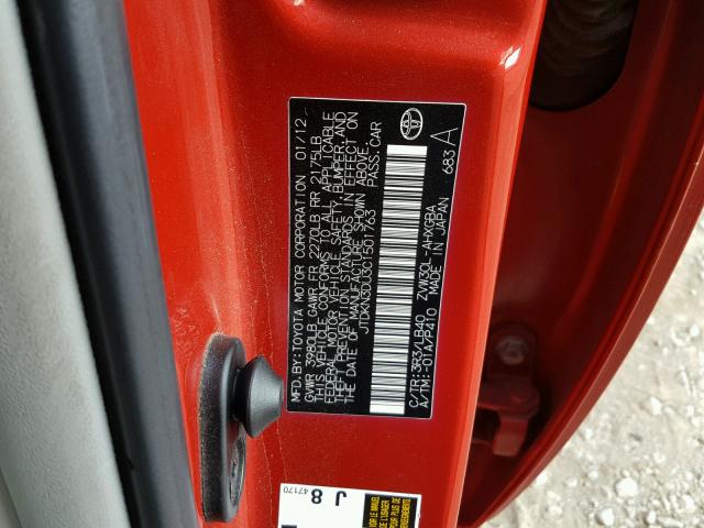 JTDKN3DU3C1501763 - 2012 TOYOTA PRIUS RED photo 10