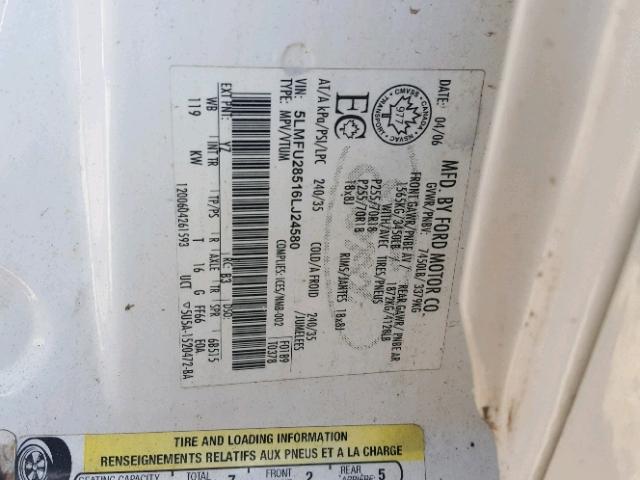 5LMFU28516LJ24580 - 2006 LINCOLN NAVIGATOR Biały zdjęcie 10