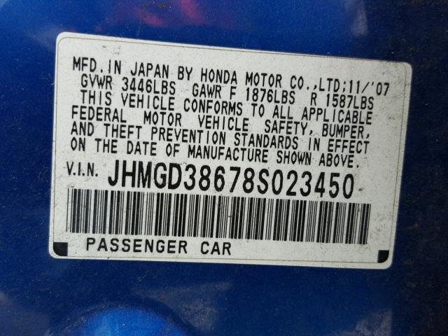 JHMGD38678S023450 - 2008 HONDA FIT SPORT BLUE photo 10