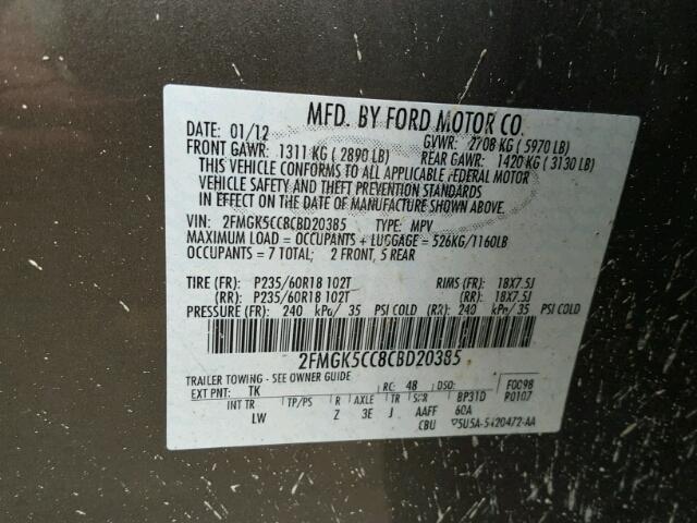 2FMGK5CC8CBD20385 - 2012 FORD FLEX SEL Մոխրագույն լուսանկար 10