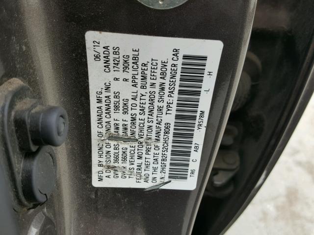 2HGFB2F52CH578069 - 2012 HONDA CIVIC LX GRAY photo 10