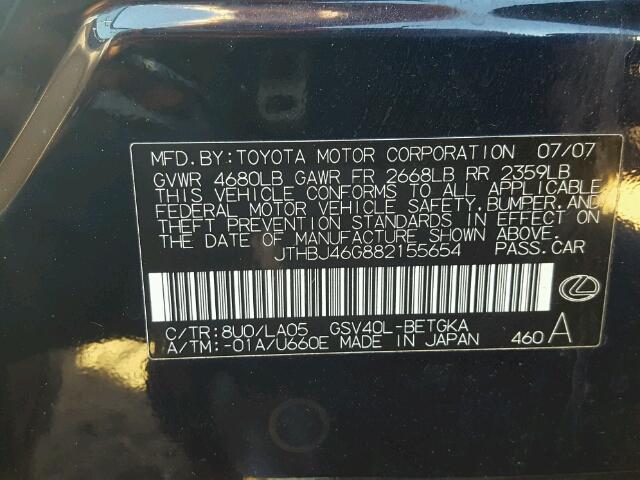 JTHBJ46G882155654 - 2008 LEXUS ES 350 BLUE photo 10