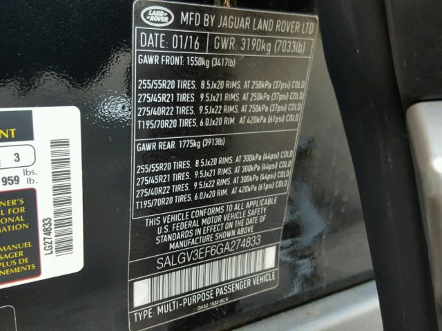 SALGV3EF6GA274833 - 2016 LAND ROVER RANGE ROVE BLACK photo 10