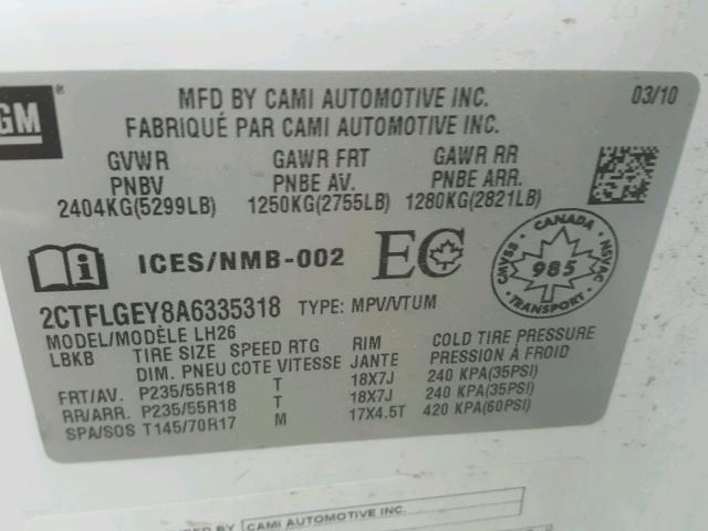 2CTFLGEY8A6335318 - 2010 GMC TERRAIN WHITE photo 10