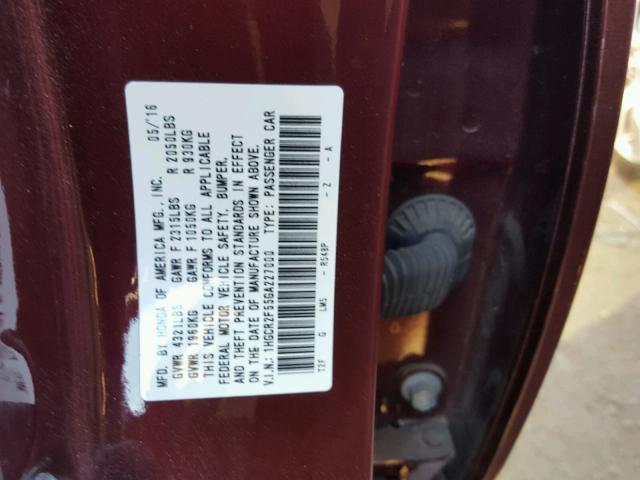 1HGCR2F55GA227000 - 2016 HONDA ACCORD SPO MAROON photo 10