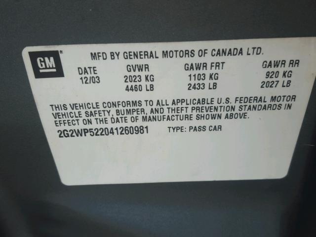 2G2WP522041260981 - 2004 PONTIAC GRAND PRIX ნაცრისფერი ფოტო 10