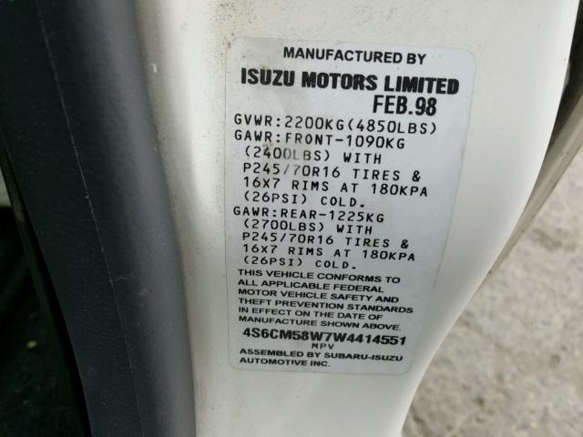 4S6CM58W7W4414551 - 1998 HONDA PASSPORT E WHITE photo 10