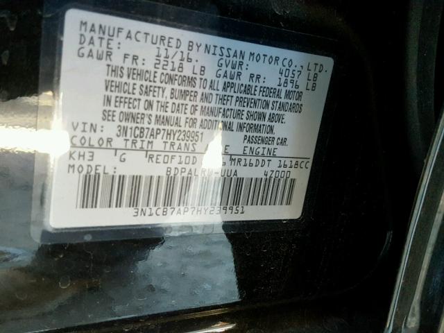 3N1CB7AP7HY239951 - 2017 NISSAN SENTRA SR BLACK photo 10