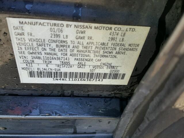 1N4BL11D16N367143 - 2006 NISSAN ALTIMA SE GRAY photo 10