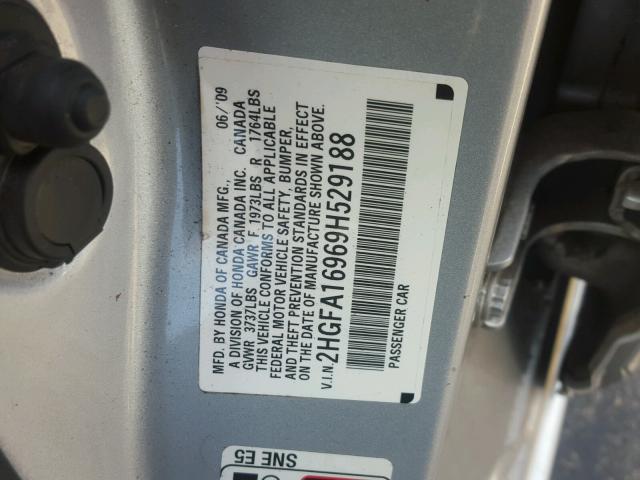 2HGFA16969H529188 - 2009 HONDA CIVIC SILVER photo 10