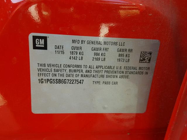 1G1PG5SB6G7227547 - 2016 CHEVROLET CRUZE LIMI RED photo 10