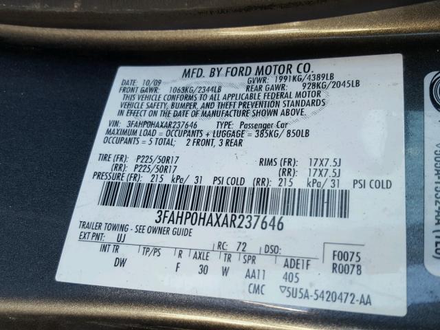 3FAHP0HAXAR237646 - 2010 FORD FUSION SE GRAY photo 10