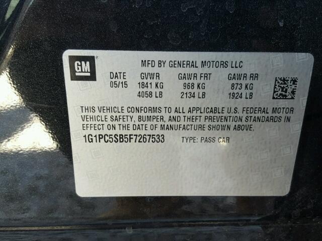 1G1PC5SB5F7267533 - 2015 CHEVROLET CRUZE LT BLACK photo 10