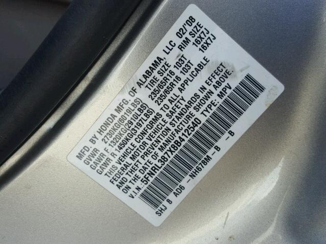 5FNRL387X8B412540 - 2008 HONDA ODYSSEY EX SILVER photo 10