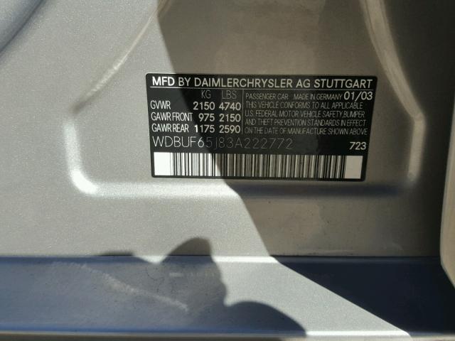 WDBUF65J83A222772 - 2003 MERCEDES-BENZ E 320 GRAY photo 10