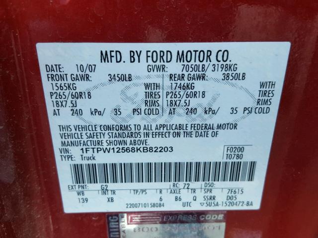 1FTPW12568KB82203 - 2008 FORD F150 SUPER RED photo 10