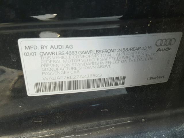 WAUAF78E27A236923 - 2007 AUDI A4 2 BLACK photo 10