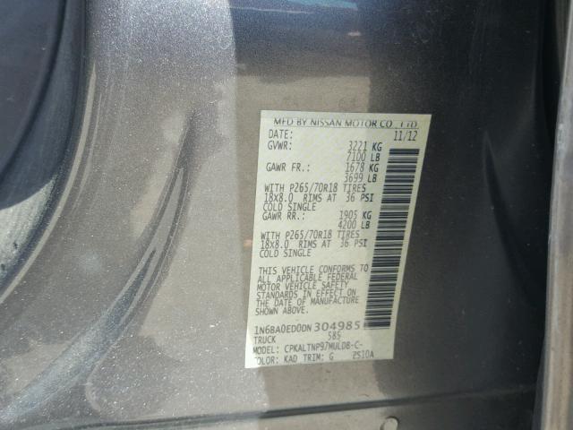 1N6BA0ED0DN304985 - 2013 NISSAN TITAN S GRAY photo 10