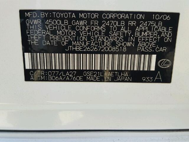 JTHBE262672008518 - 2007 LEXUS IS 350 WHITE photo 10