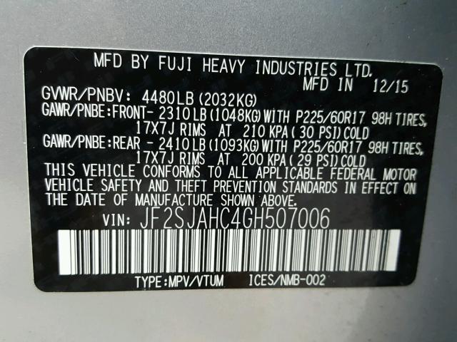 JF2SJAHC4GH507006 - 2016 SUBARU FORESTER 2 GRAY photo 10