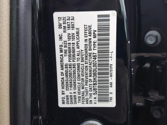 5J8TB3H38DL007467 - 2013 ACURA RDX BASE BLACK photo 10