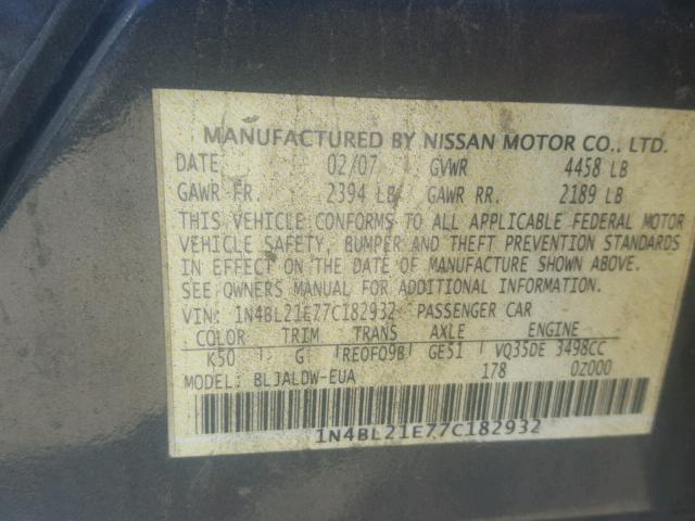 1N4BL21E77C182932 - 2007 NISSAN ALTIMA CHARCOAL photo 10