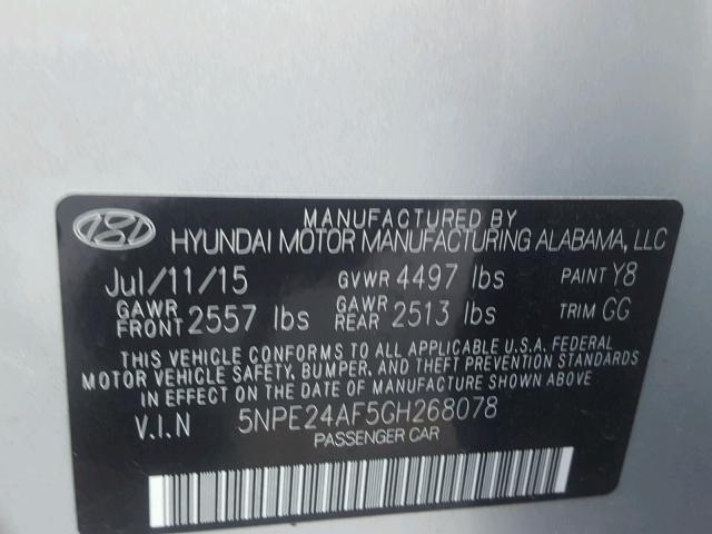 5NPE24AF5GH268078 - 2016 HYUNDAI SONATA SE SILVER photo 10