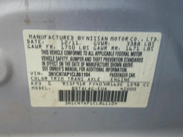 3N1CN7AP1CL861104 - 2012 NISSAN VERSA S SILVER photo 10